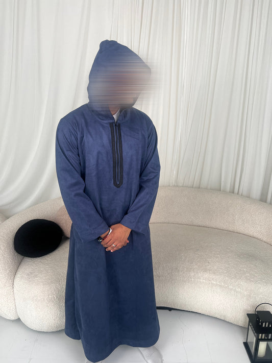 Deep Blue Hooded Suede Thobe