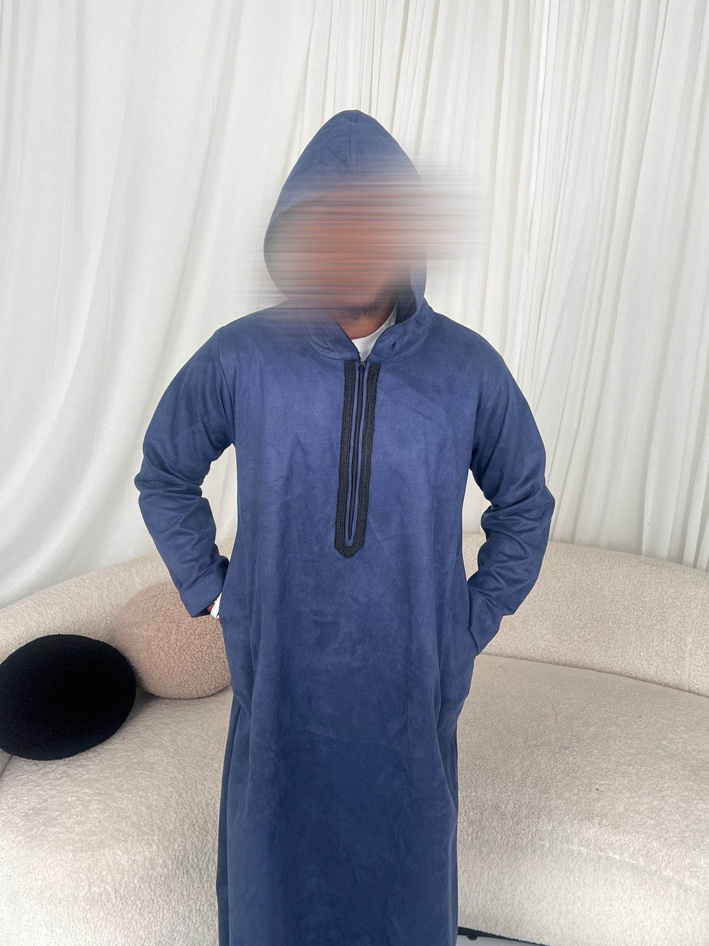 Deep Blue Hooded Suede Thobe